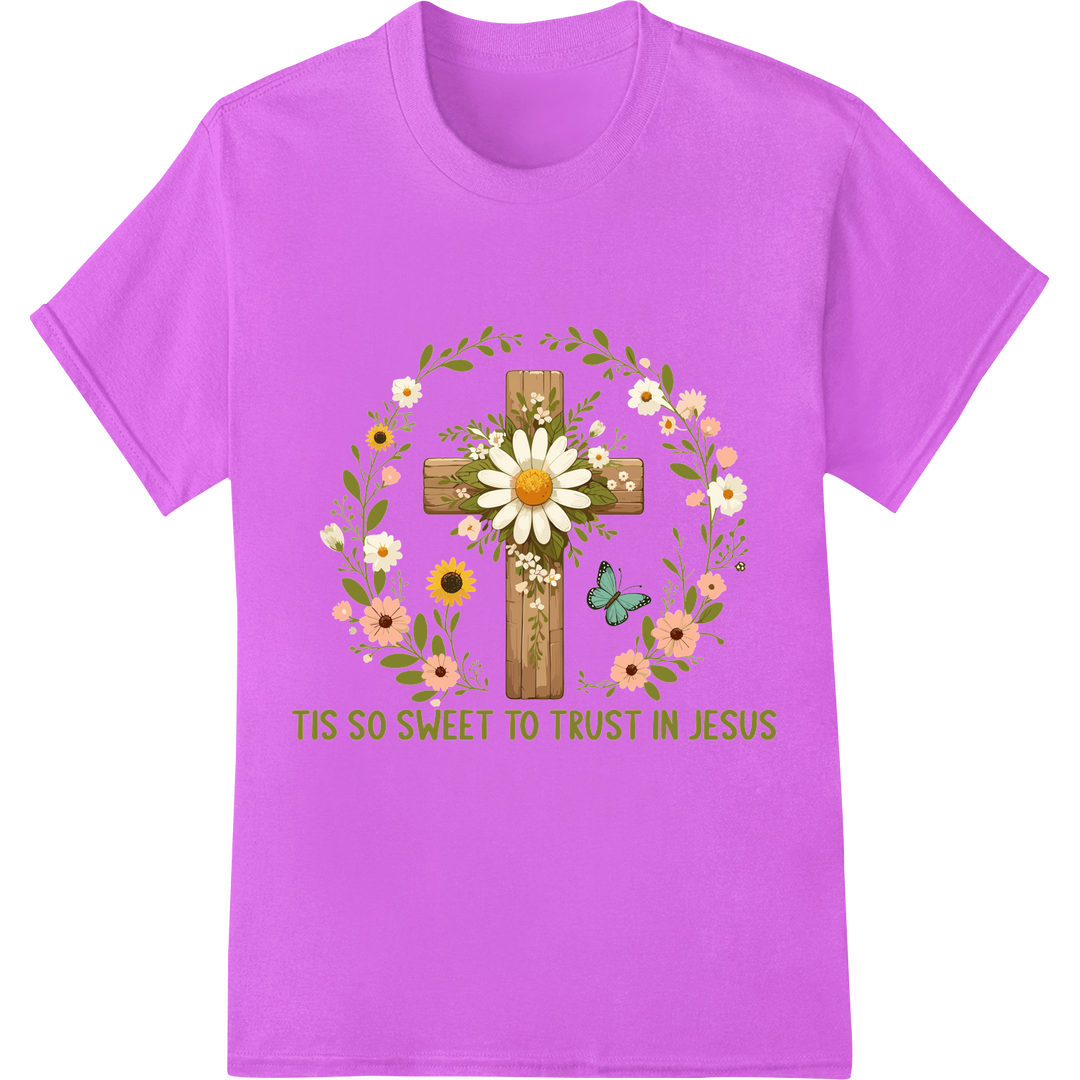 Trust in Jesus Floral Cross DTF Print Heat Transfer on purple shirt - SUPERDTF-DTF Prints-DTF Transfers-Custom DTF Prints