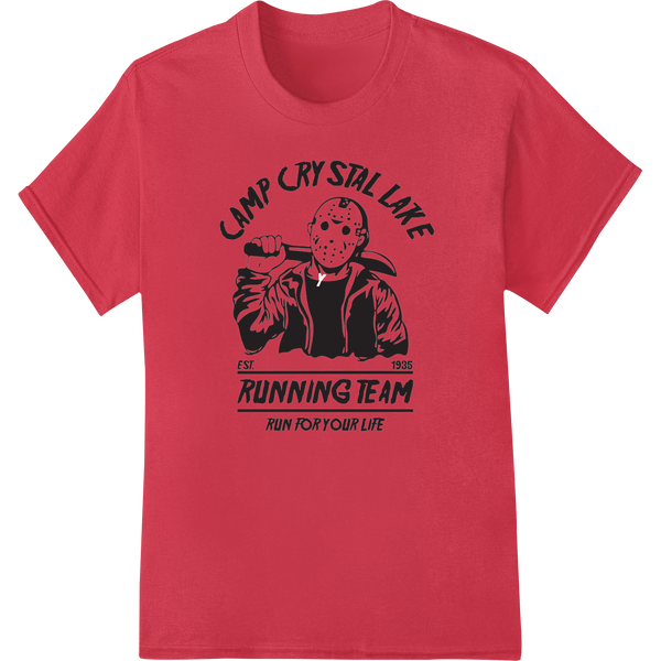 Black t-shirt with distressed Camp Crystal Lake Running Team text and bloody footprint graphic for horror movie fans