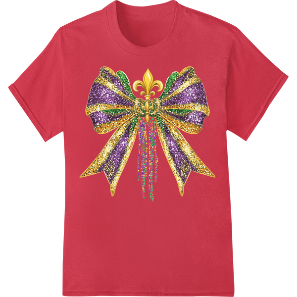 Dazzling Mardi Gras Bow DTF Print | Festive Glitter Design on red shirt - SUPERDTF-DTF Prints-DTF Transfers-Custom DTF Prints