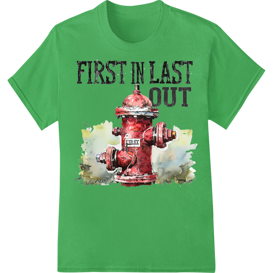 Bold Firefighter DTF Print: First In Last Out Hydrant on green shirt - SUPERDTF-DTF Prints-DTF Transfers-Custom DTF Prints