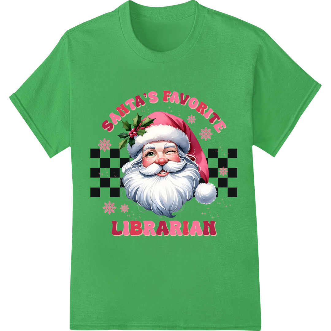 Santa's Favorite Librarian: Festive DTF Print Heat Transfer on green shirt - SUPERDTF-DTF Prints-DTF Transfers-Custom DTF Prints