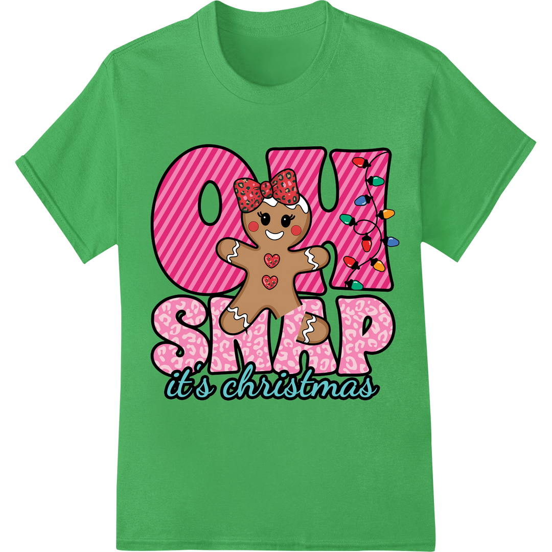 Adorable Pink Gingerbread Christmas DTF Print Heat Transfer on green shirt - SUPERDTF-DTF Prints-DTF Transfers-Custom DTF Prints