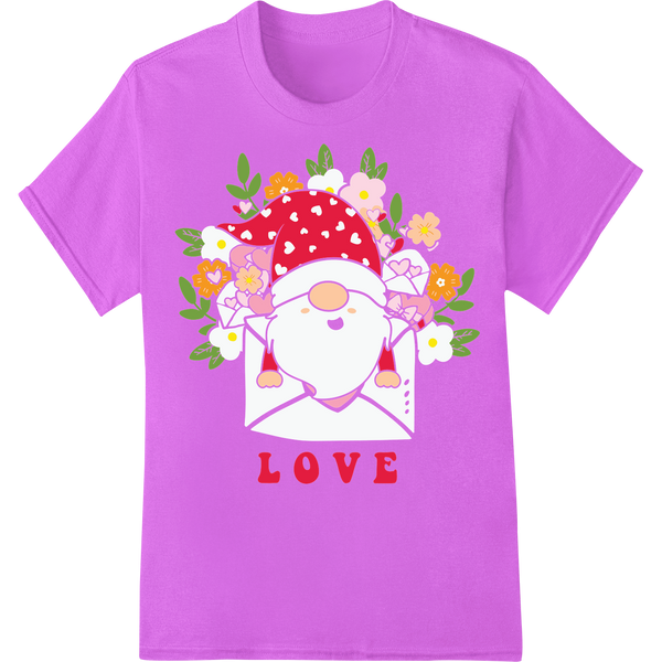 Adorable Valentine's Day Gnome with Love & Flowers on purple shirt - SUPERDTF-DTF Prints-DTF Transfers-Custom DTF Prints