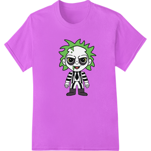 Cutting-edge innovative apparel printing featured on Spooky Beetlejuice Cartoon Character DTF Heat Transfer