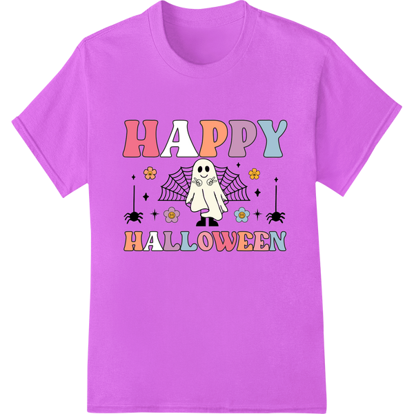 Cartoon ghost with a happy expression and the text 'Happy Halloween' in a stylized font, designed for DTF heat transfers.