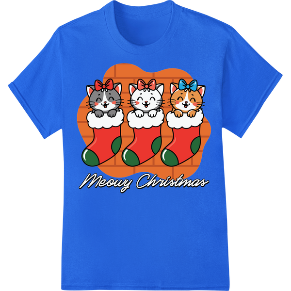 Meowy Christmas: Festive Feline Fun DTF Print Heat Transfer on blue shirt - SUPERDTF-DTF Prints-DTF Transfers-Custom DTF Prints