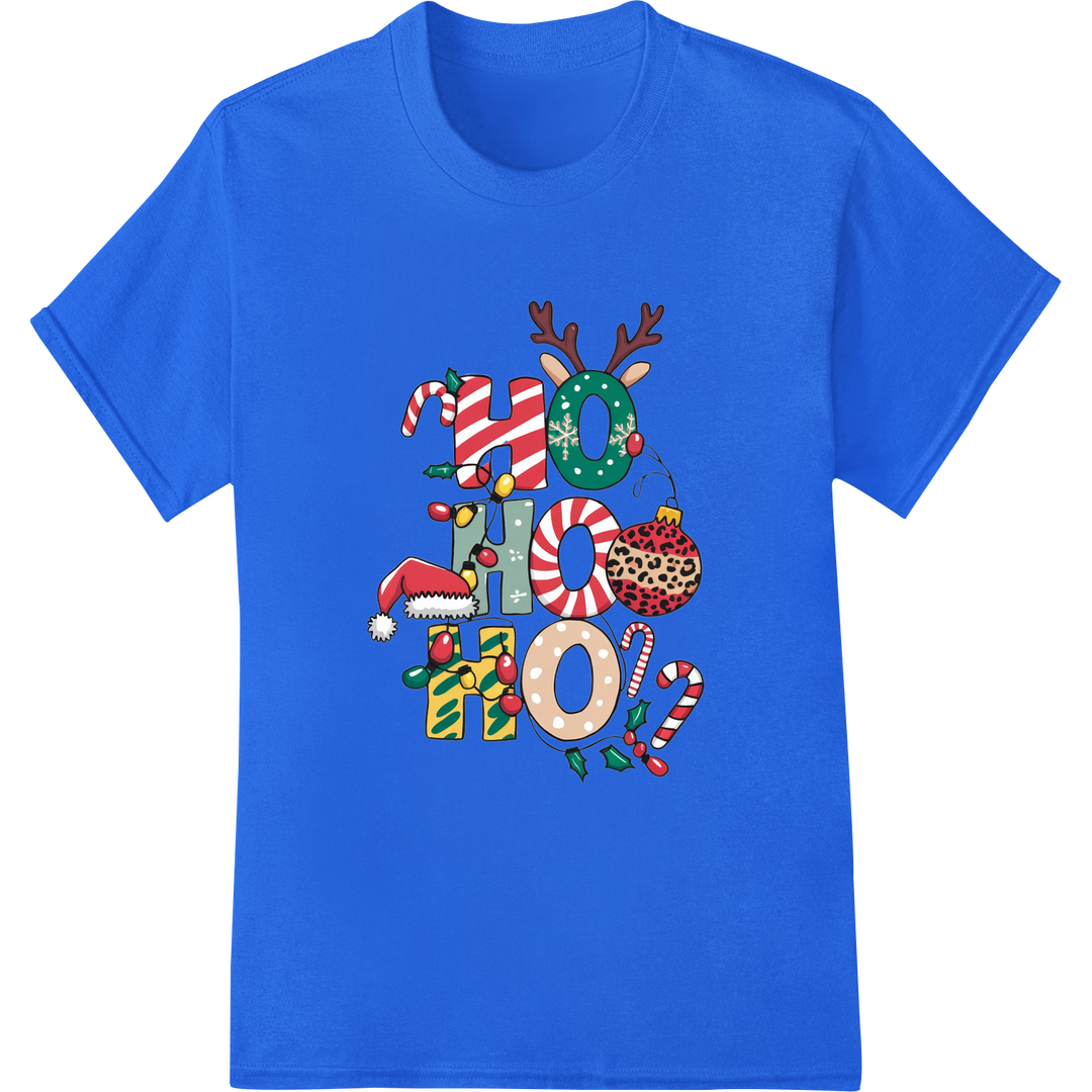 Retro Christmas Typography DTF Print | Festive Ho Ho Ho on blue shirt - SUPERDTF-DTF Prints-DTF Transfers-Custom DTF Prints