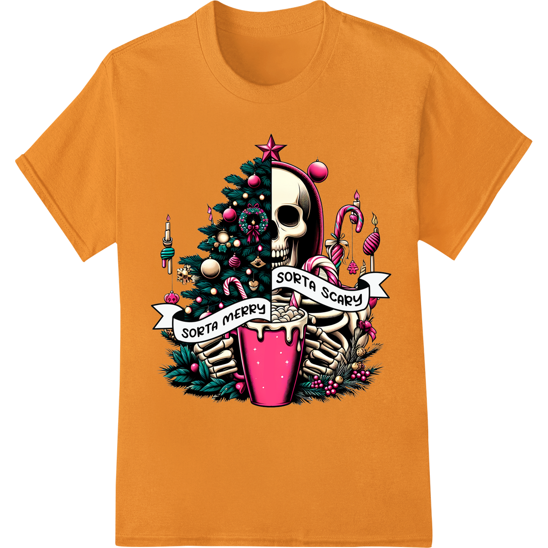 Macabre Merriment: Spooky Skeleton Santa DTF Print Transfer on orange shirt - SUPERDTF-DTF Prints-DTF Transfers-Custom DTF Prints