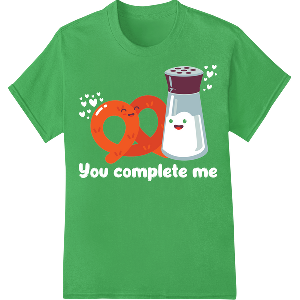 You Complete Me: Adorable Pretzel & Salt Shaker Love on green shirt - SUPERDTF-DTF Prints-DTF Transfers-Custom DTF Prints