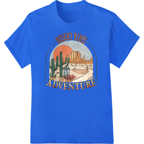 Vintage Desert Adventure Print | Retro Cactus DTF Transfer on blue shirt - SUPERDTF-DTF Prints-DTF Transfers-Custom DTF Prints