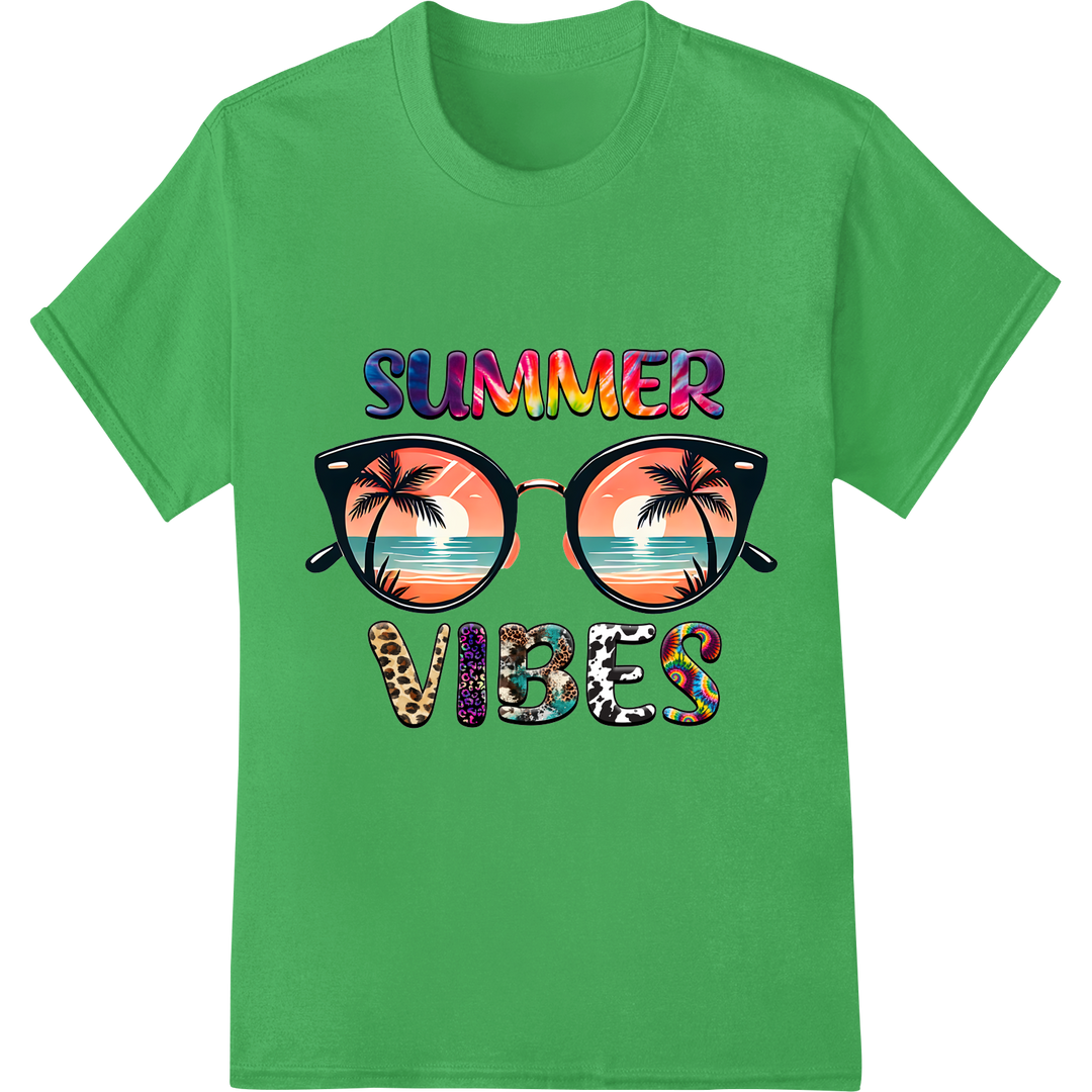 Embrace Summer Vibes with Stylish Sunglasses DTF Print on green shirt - SUPERDTF-DTF Prints-DTF Transfers-Custom DTF Prints