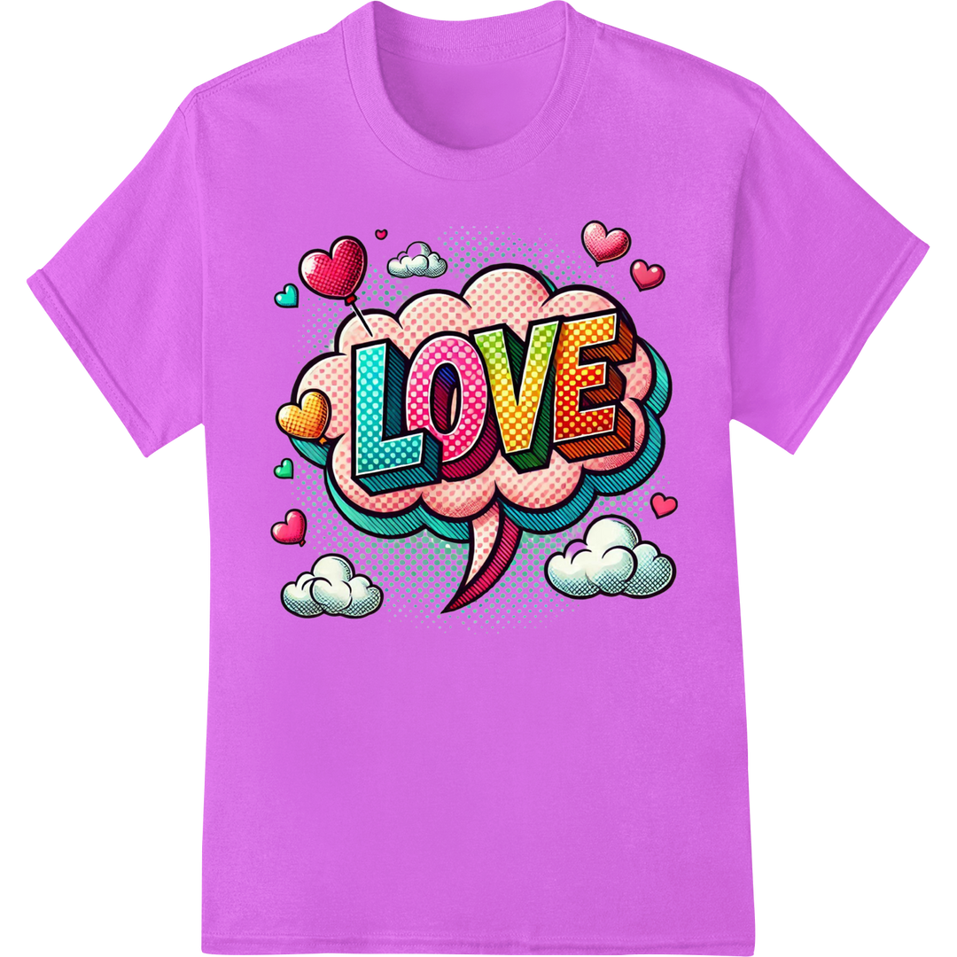 Vibrant 'LOVE' Pop Art Comic DTF Print Heat Transfer on purple shirt - SUPERDTF-DTF Prints-DTF Transfers-Custom DTF Prints