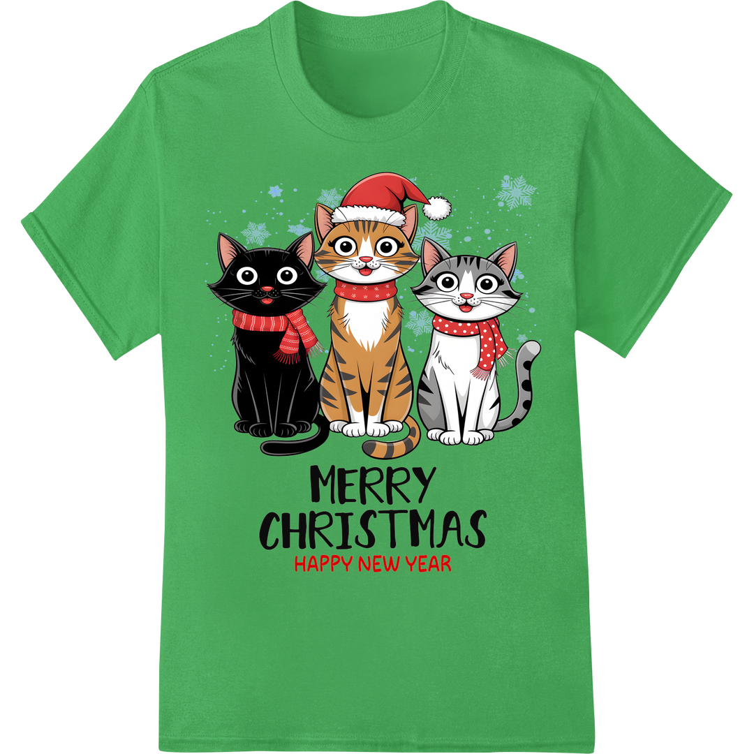 Adorable Cat Christmas DTF Print: Festive Holiday Fun on green shirt - SUPERDTF-DTF Prints-DTF Transfers-Custom DTF Prints