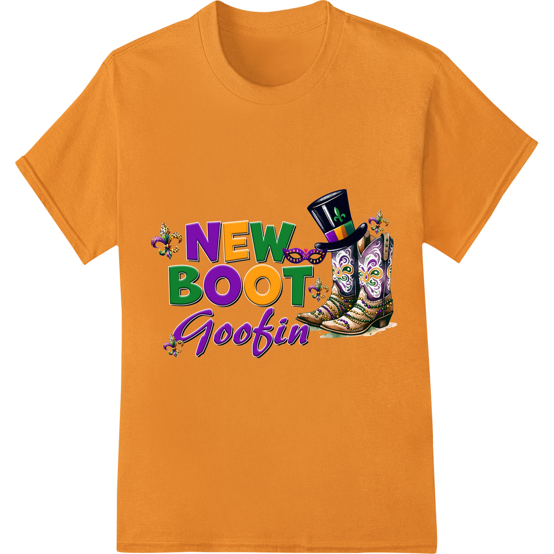 Strut in Style: Mardi Gras 'New Boot Goofin' Heat Transfer on orange shirt - SUPERDTF-DTF Prints-DTF Transfers-Custom DTF Prints