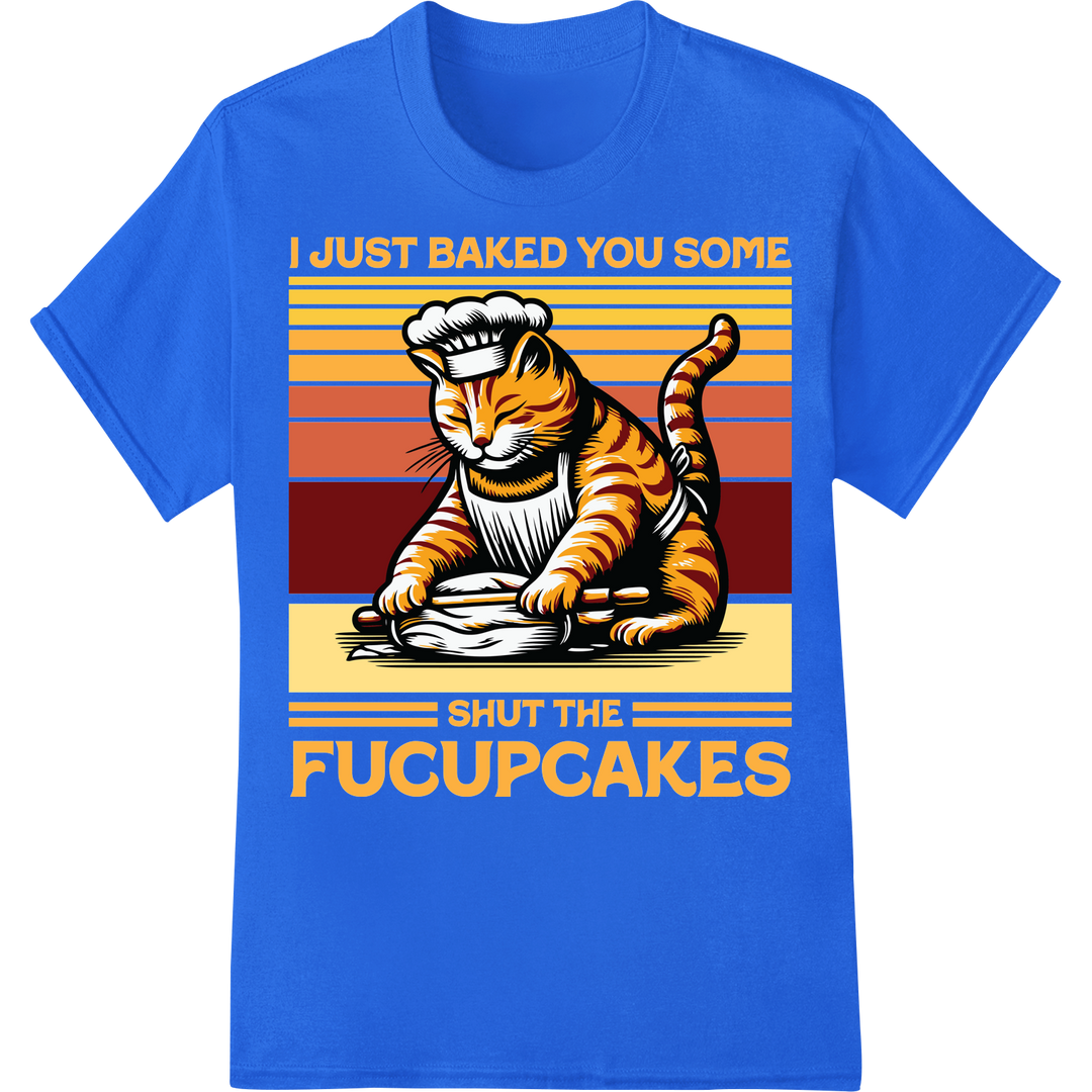 Purrfect Baking Cat DTF Print: Shut the Fucupcakes! on blue shirt - SUPERDTF-DTF Prints-DTF Transfers-Custom DTF Prints