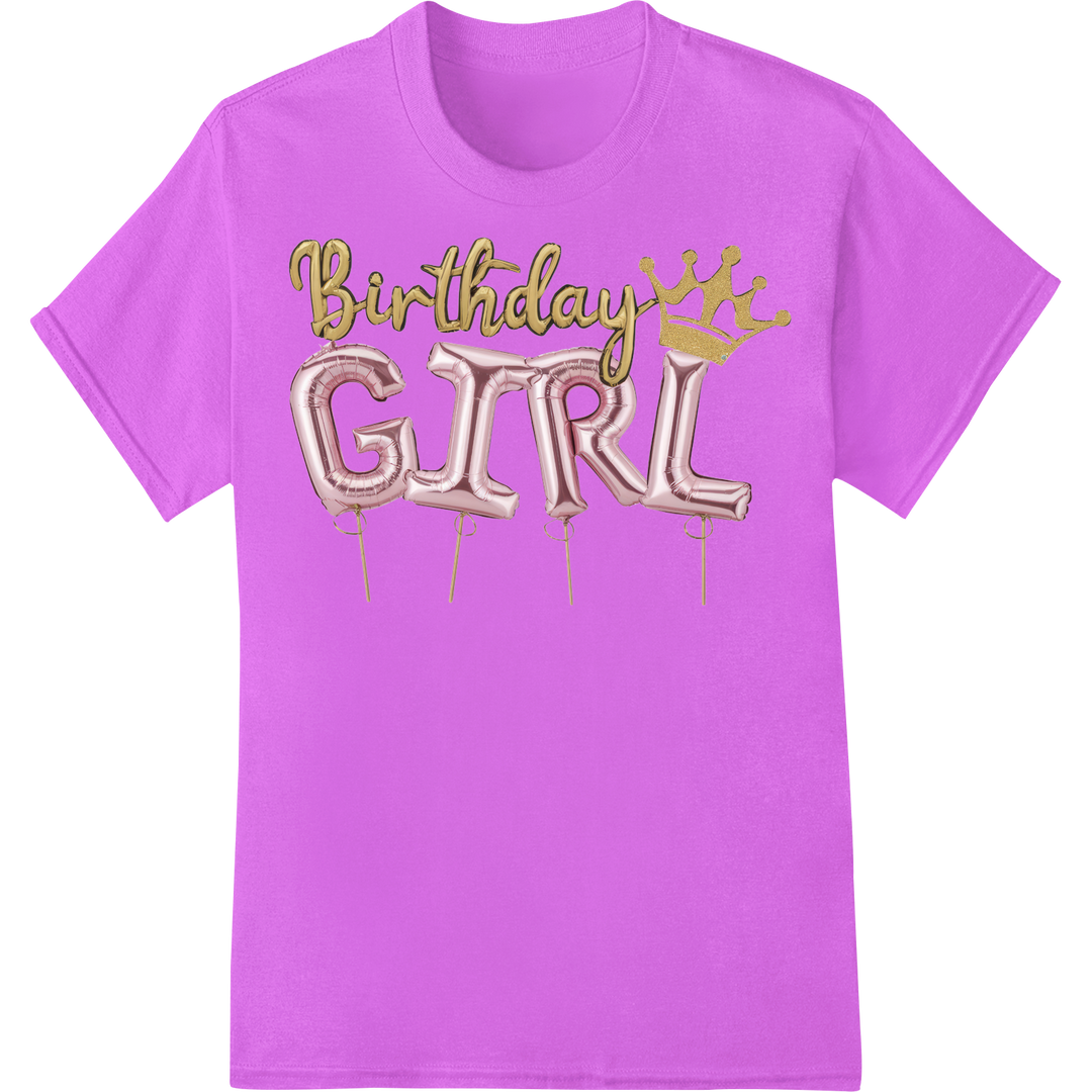 Shimmering 'Birthday GIRL' Gold Foil Balloon DTF Print on purple shirt - SUPERDTF-DTF Prints-DTF Transfers-Custom DTF Prints