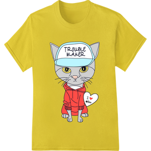 Durable custom garment printing applied to Mischievous Cat 'Trouble Maker' Heat Transfer Design