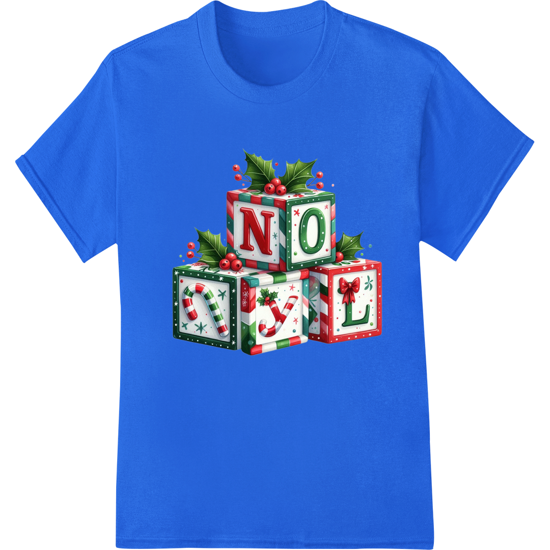 Festive NOEL Christmas Gift Boxes - Teacher Holiday DTF Print on blue shirt - SUPERDTF-DTF Prints-DTF Transfers-Custom DTF Prints