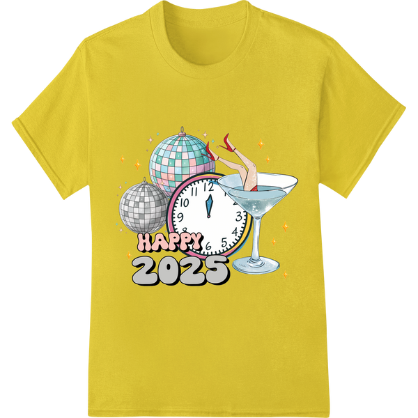 Disco Into 2025: Vibrant New Year's Eve DTF Print Transfer on yellow shirt - SUPERDTF-DTF Prints-DTF Transfers-Custom DTF Prints