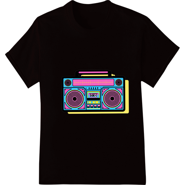 Retro 80s Boombox: Neon Nostalgia for DTF Print Transfers on black shirt - SUPERDTF-DTF Prints-DTF Transfers-Custom DTF Prints