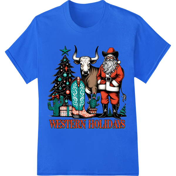 Festive Western Holidays DTF Print Heat Transfer on blue shirt - SUPERDTF-DTF Prints-DTF Transfers-Custom DTF Prints