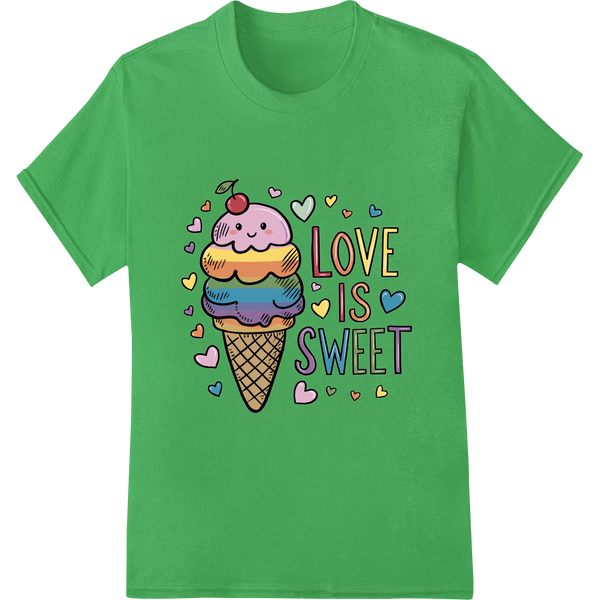 Adorable 'Love is Sweet' LGBT Pride Ice Cream DTF Print on green shirt - SUPERDTF-DTF Prints-DTF Transfers-Custom DTF Prints