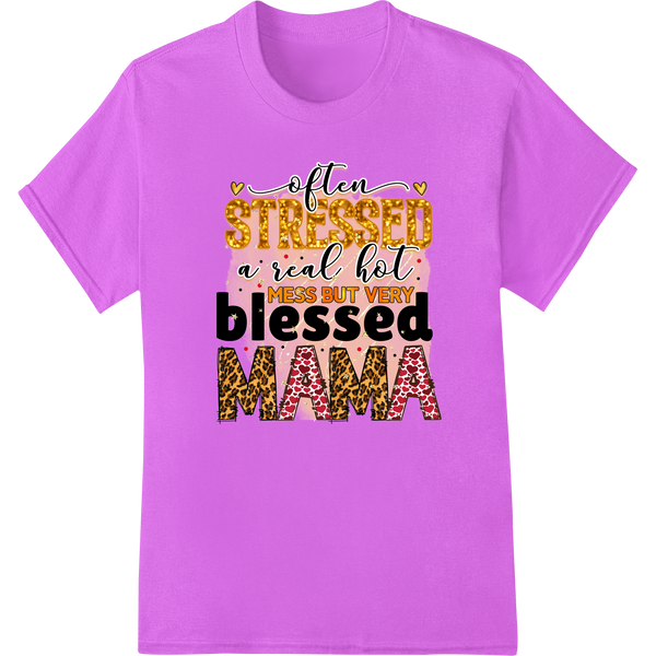 Blessed Mama: Leopard Print Mother's Day DTF Transfer on purple shirt - SUPERDTF-DTF Prints-DTF Transfers-Custom DTF Prints