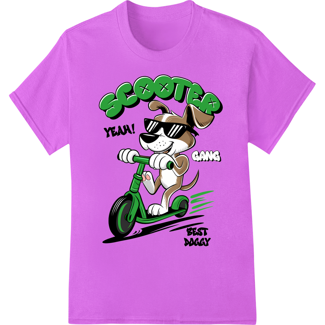 Sassy Pup on a Scooter: Sarcastic Dog DTF Print Design on purple shirt - SUPERDTF-DTF Prints-DTF Transfers-Custom DTF Prints