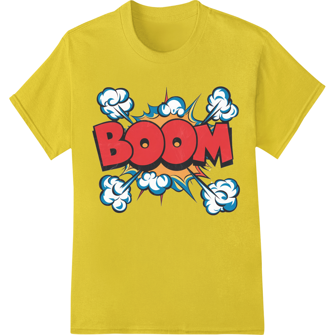 Explosive Pop Art 'BOOM' DTF Heat Transfer Print | Comic Style on yellow shirt - SUPERDTF-DTF Prints-DTF Transfers-Custom DTF Prints