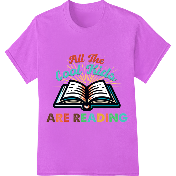 "All The Cool Kids Are Reading" Retro Book DTF Print on purple shirt - SUPERDTF-DTF Prints-DTF Transfers-Custom DTF Prints