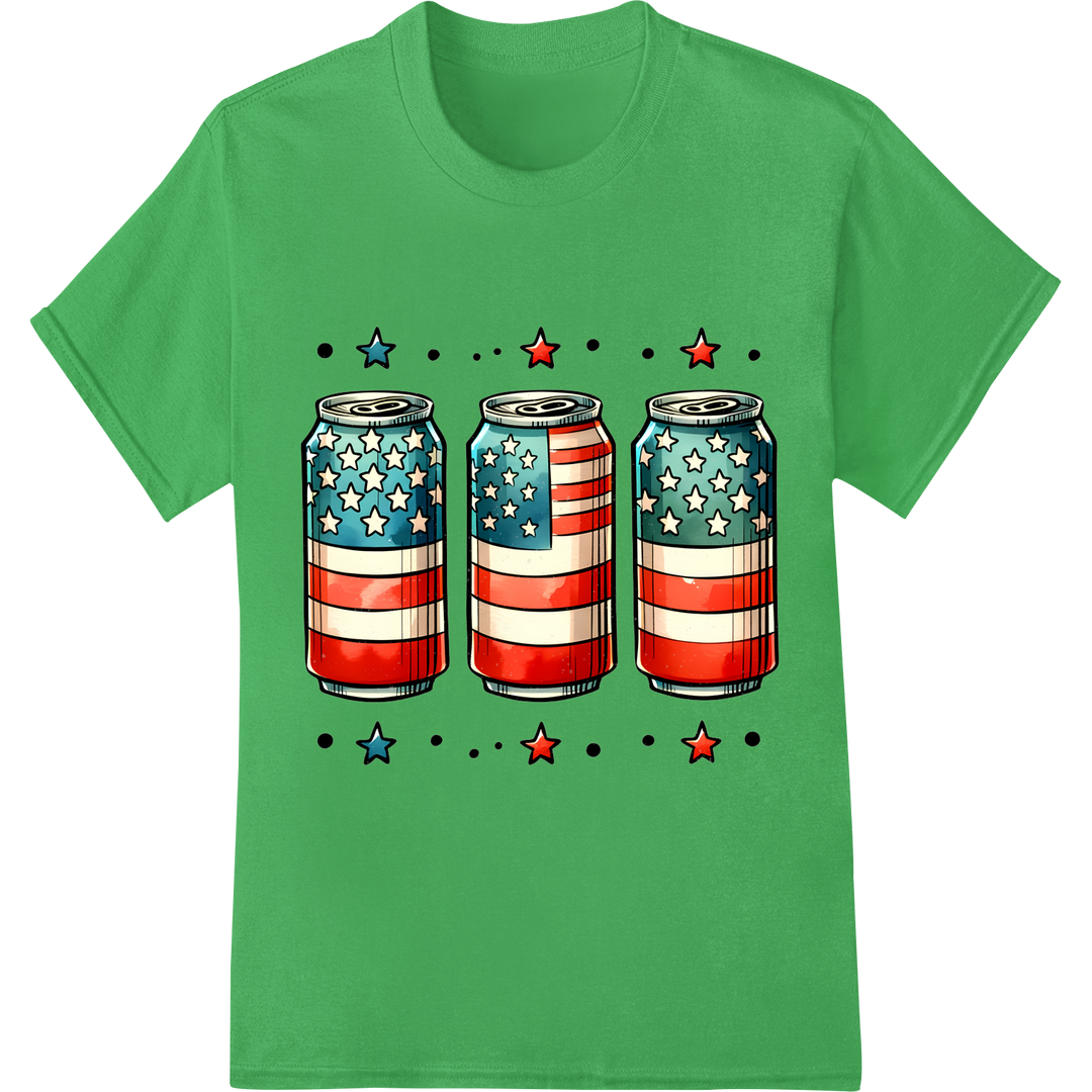 Patriotic Beer Cans: Festive 4th of July DTF Print Transfer on green shirt - SUPERDTF-DTF Prints-DTF Transfers-Custom DTF Prints