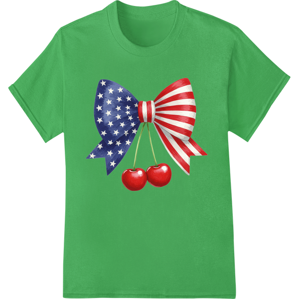 Patriotic 4th of July Bow & Cherries DTF Print Heat Transfer on green shirt - SUPERDTF-DTF Prints-DTF Transfers-Custom DTF Prints