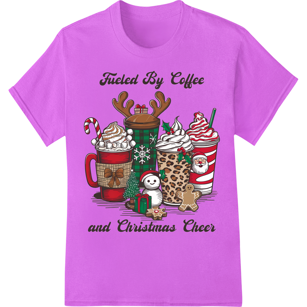 Kawaii Coffee Cups Fueled By Xmas Cheer | Funny DTF Print on purple shirt - SUPERDTF-DTF Prints-DTF Transfers-Custom DTF Prints