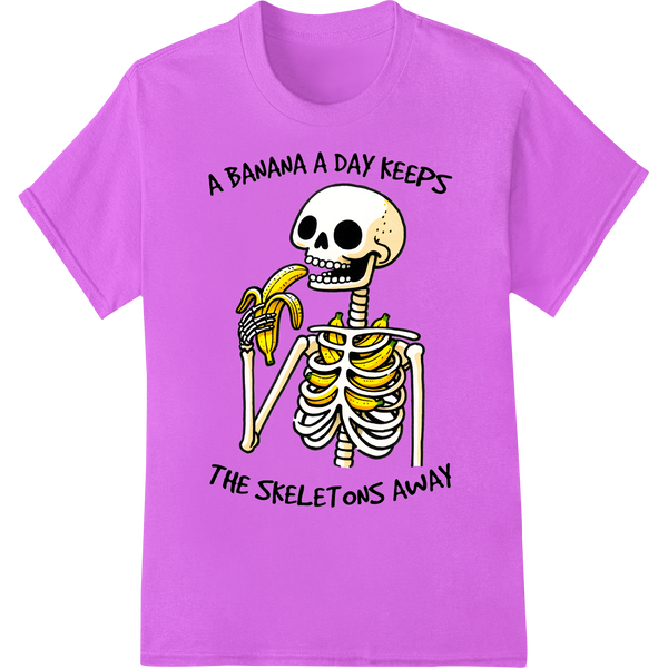 Hilarious Halloween Skeleton: A Banana a Day DTF Print on purple shirt - SUPERDTF-DTF Prints-DTF Transfers-Custom DTF Prints