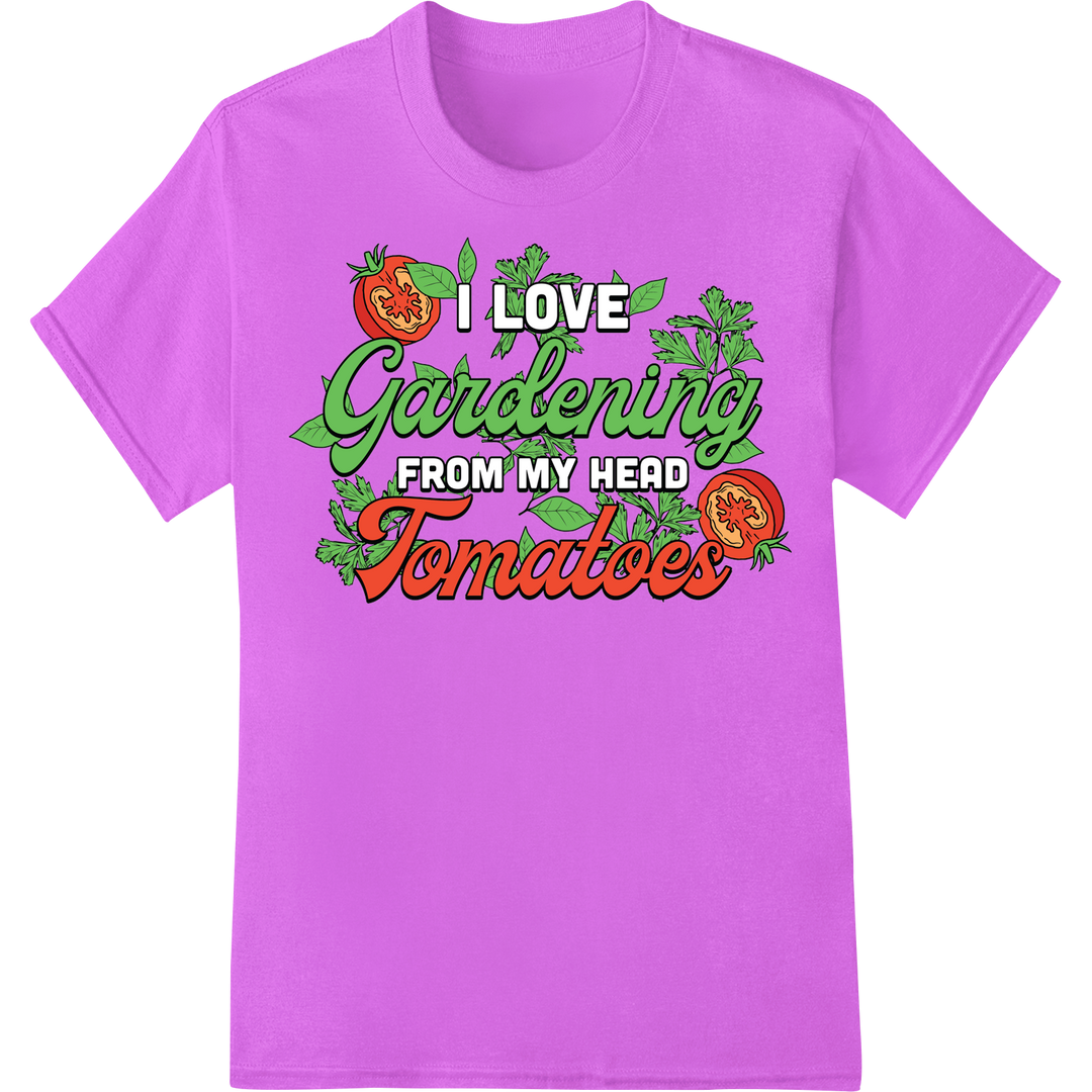 Witty Gardener's Delight: 'Head Tomatoes' DTF Print Transfer on purple shirt - SUPERDTF-DTF Prints-DTF Transfers-Custom DTF Prints