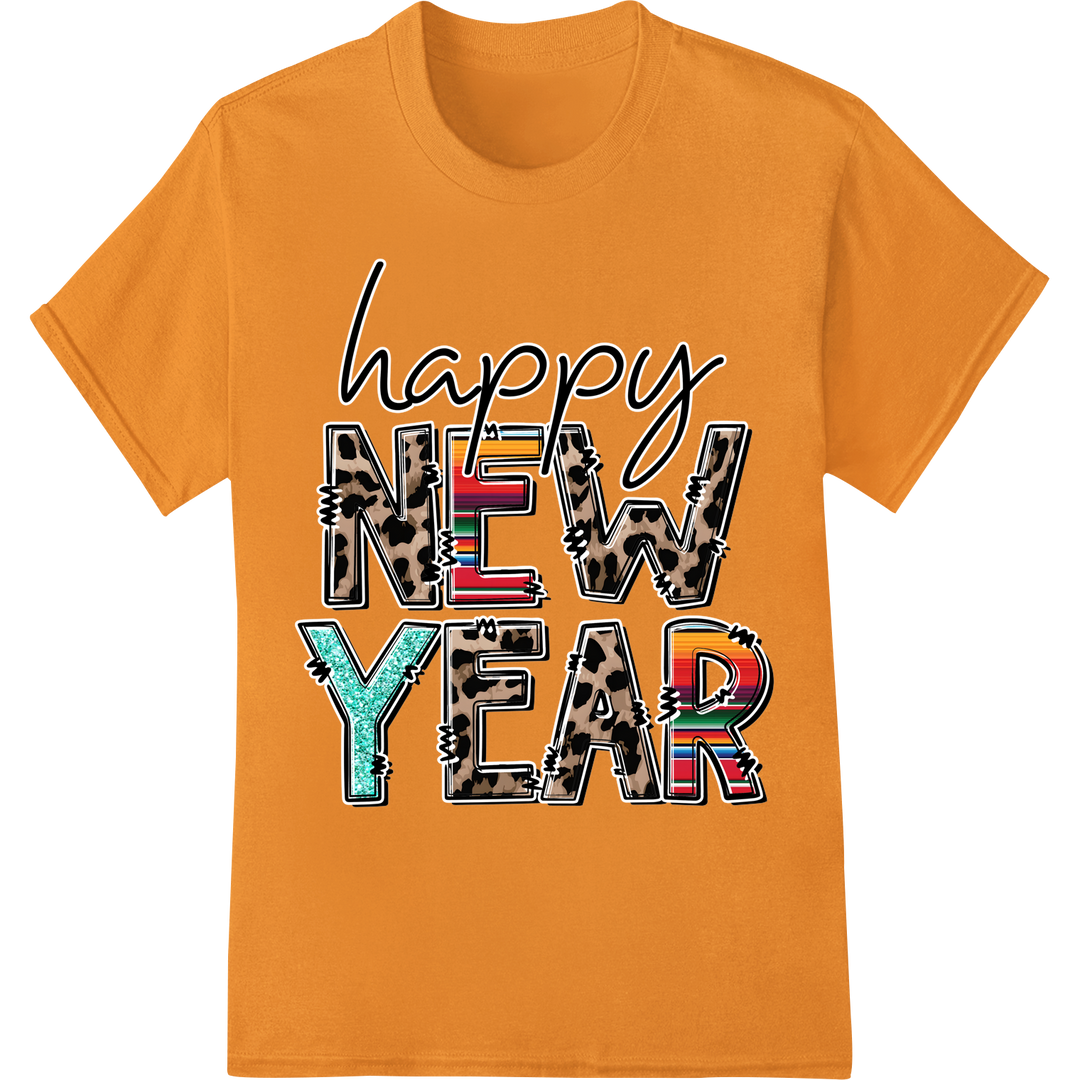 Fierce 'Happy New Year 2025' Animal Print Typography Transfer on orange shirt - SUPERDTF-DTF Prints-DTF Transfers-Custom DTF Prints