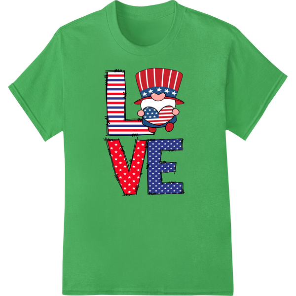 Red, white and blue heat transfer design with 'LOVE' text and stars for patriotic 4th of July shirts and apparel.