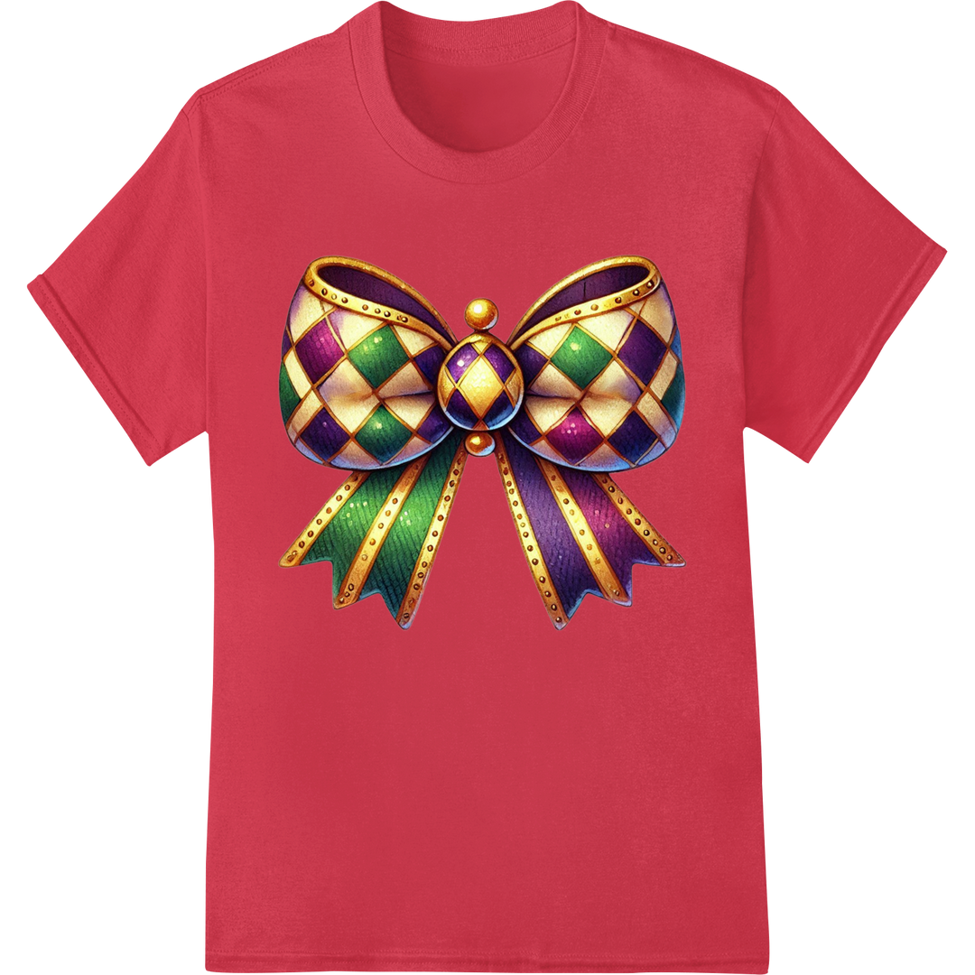 Vibrant Mardi Gras Bow DTF Print Heat Transfer | Carnival on red shirt - SUPERDTF-DTF Prints-DTF Transfers-Custom DTF Prints