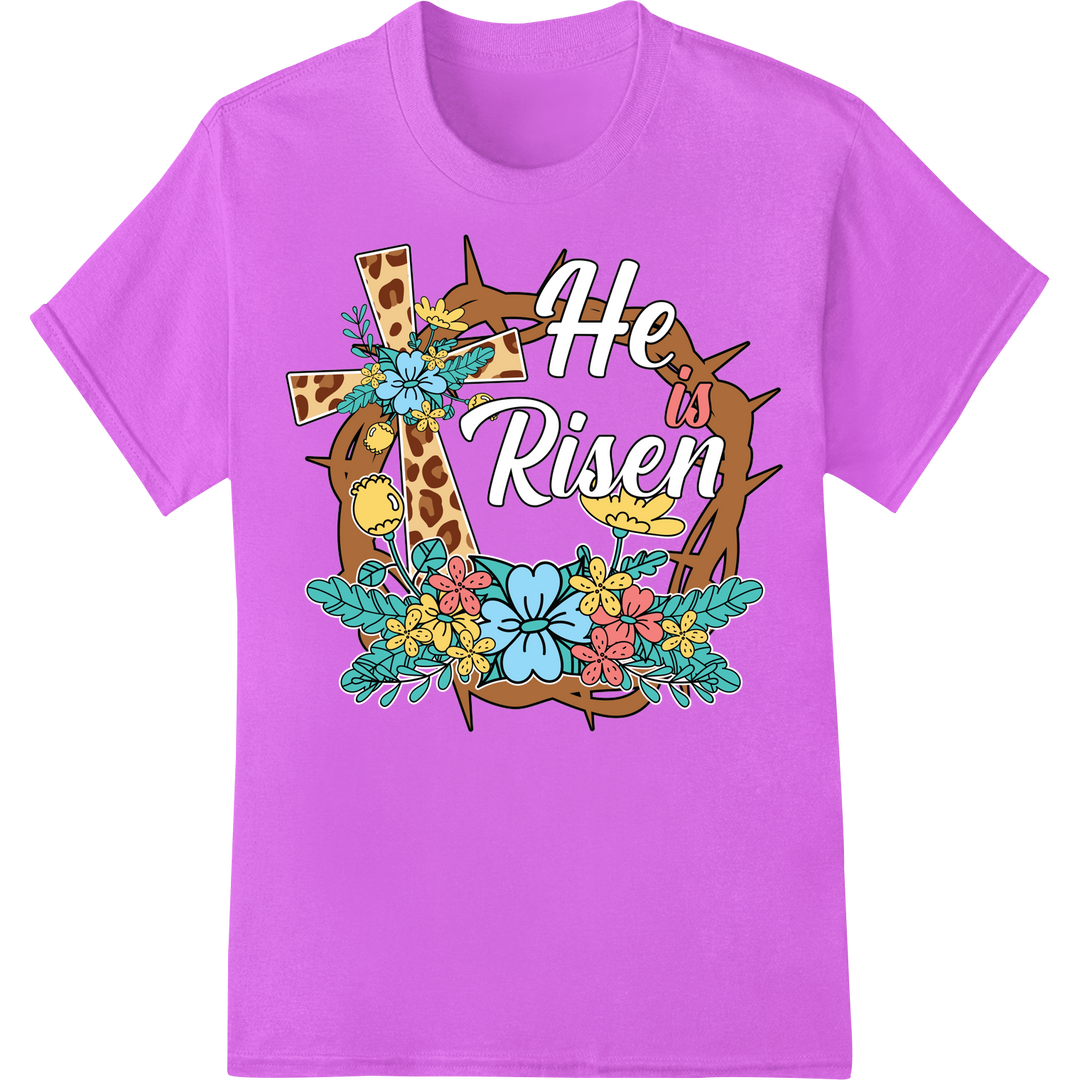 Giraffe Print 'He Risen' Easter DTF Heat Transfer on purple shirt - SUPERDTF-DTF Prints-DTF Transfers-Custom DTF Prints