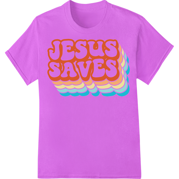 Retro Rainbow "Jesus Saves" | Christian DTF Heat Transfer on purple shirt - SUPERDTF-DTF Prints-DTF Transfers-Custom DTF Prints