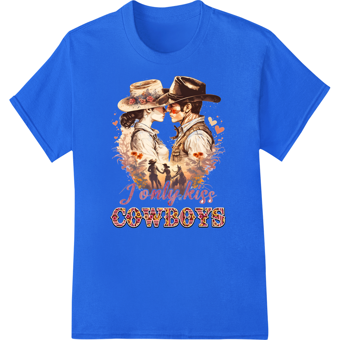 Rustic Romance: 'I Only Kiss Cowboys' DTF Transfer Print on blue shirt - SUPERDTF-DTF Prints-DTF Transfers-Custom DTF Prints