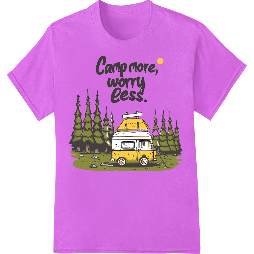 Camper's Delight: Embrace Nature with 'Camp More, Worry Less' on purple shirt - SUPERDTF-DTF Prints-DTF Transfers-Custom DTF Prints