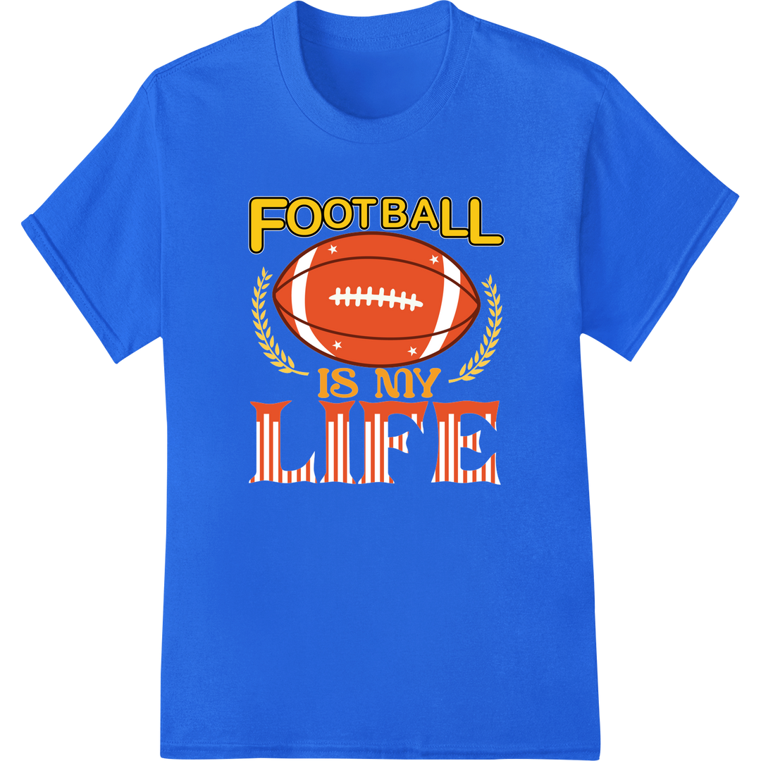 Bold Football Passion DTF Print Heat Transfer | Sports Gear on blue shirt - SUPERDTF-DTF Prints-DTF Transfers-Custom DTF Prints