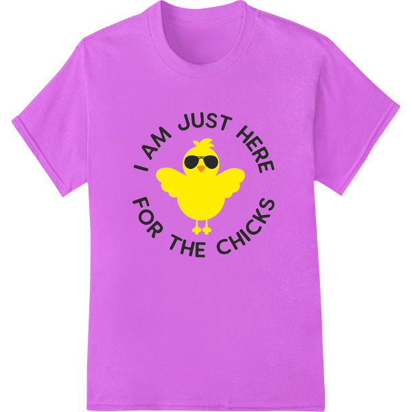 Witty Easter Chick DTF Transfer: 'Just Here for the Chicks' on purple shirt - SUPERDTF-DTF Prints-DTF Transfers-Custom DTF Prints