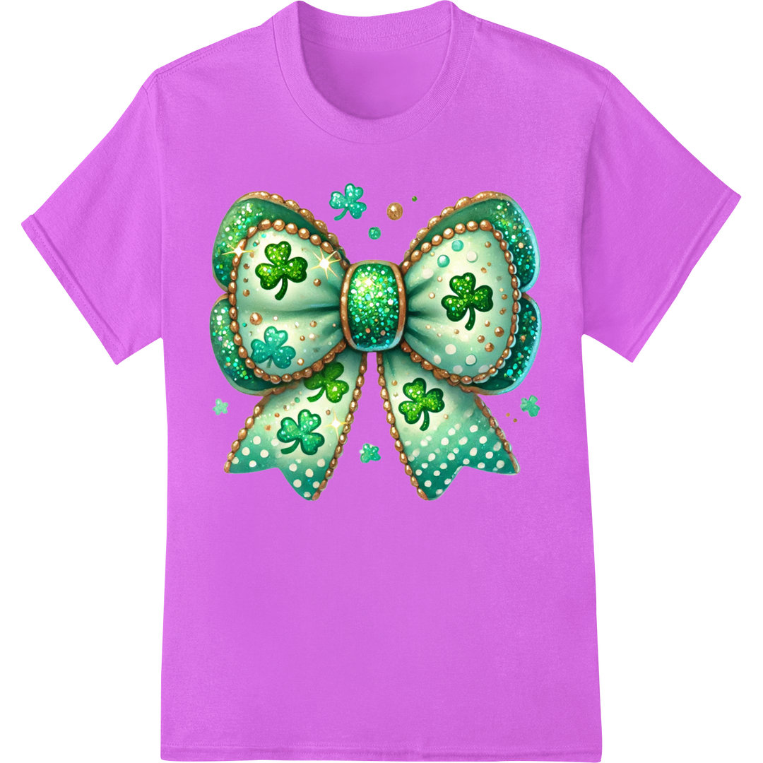 Lucky Shamrock Bow: Elegant St. Patrick's Day DTF Print on purple shirt - SUPERDTF-DTF Prints-DTF Transfers-Custom DTF Prints