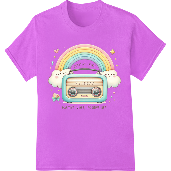 Retro Radio Positivity: Inspirational DTF Heat Transfer on purple shirt - SUPERDTF-DTF Prints-DTF Transfers-Custom DTF Prints