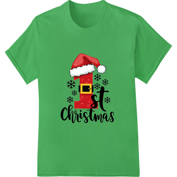 Adorable Santa Hat 1st Christmas DTF Print Heat Transfer on green shirt - SUPERDTF-DTF Prints-DTF Transfers-Custom DTF Prints