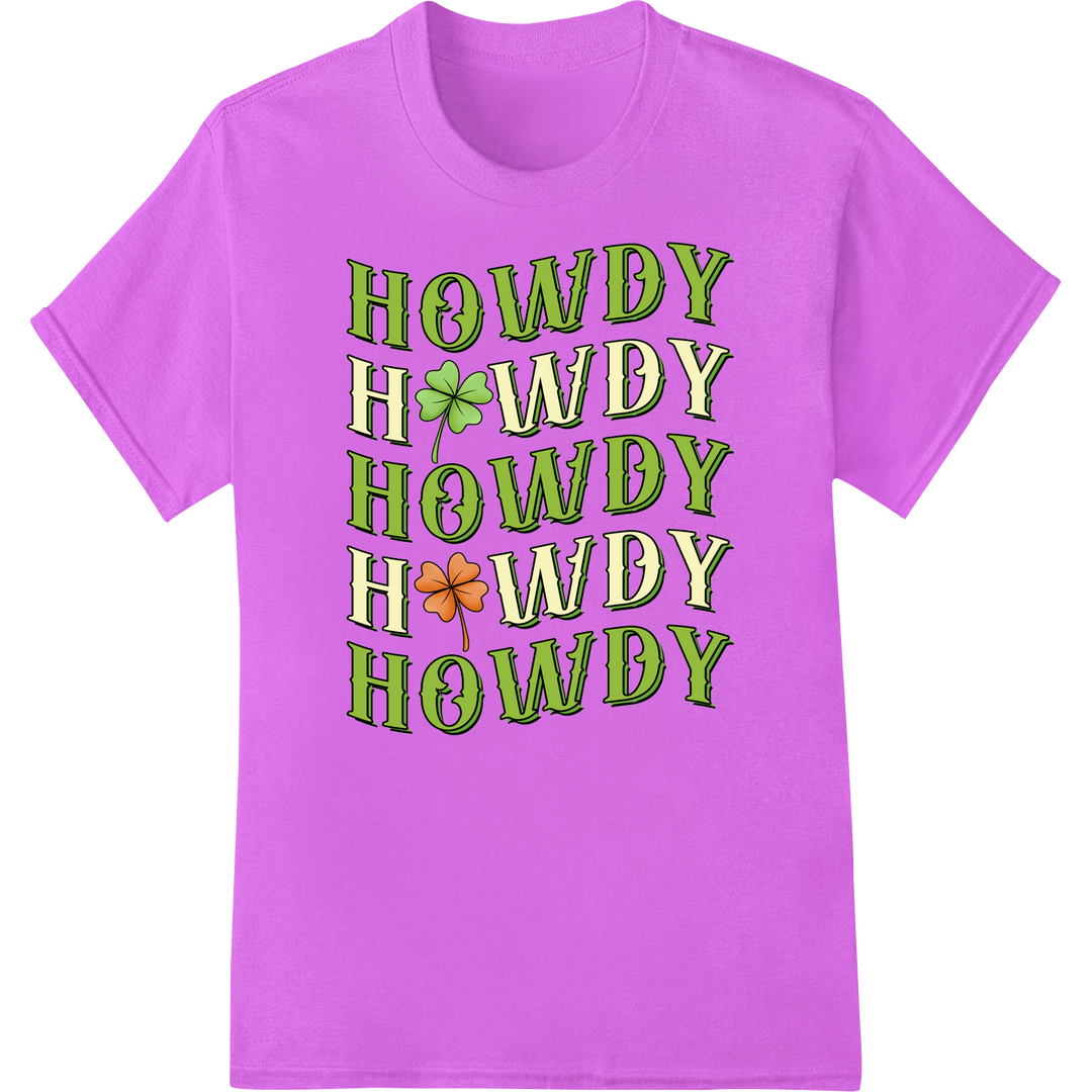 Festive St. Patrick's Western Howdy DTF Print Heat Transfer on purple shirt - SUPERDTF-DTF Prints-DTF Transfers-Custom DTF Prints