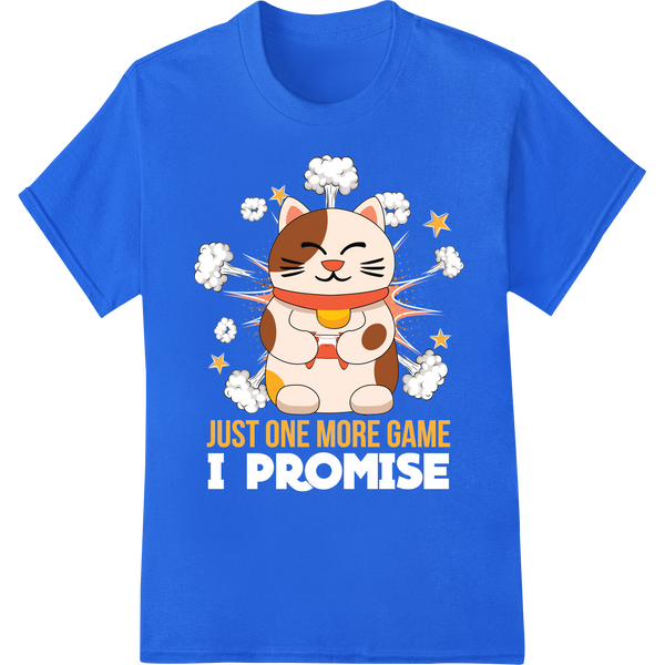 Retro Gaming Cat: Just One More Game DTF Print Transfer on blue shirt - SUPERDTF-DTF Prints-DTF Transfers-Custom DTF Prints