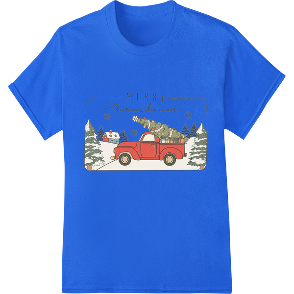 Vintage Christmas Camping: Red Truck & Tree Design on blue shirt - SUPERDTF-DTF Prints-DTF Transfers-Custom DTF Prints